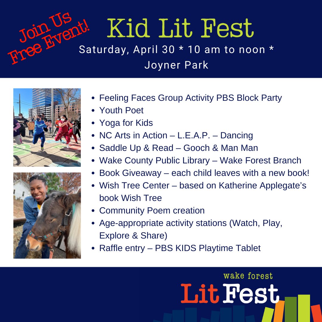 page158books's tweet photo. Lit Fest is back this year with a special free event for kids.ย
Celebrate the fun of reading with us at Joyner Park on April 30th. Each child leaves with a new book!ย
For details visit https://t.co/0nZXv4swF7
#litfest #kidlitfest #readingmatters https://t.co/V1JG17CKgZ