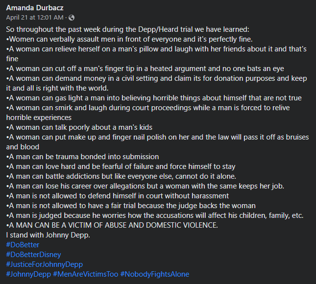 MuppetMeme's tweet photo. Because this was posted publicly on #Facebook I am not redacting the name so to give credit where due.
This is a powerful statement, by a woman.
#JusticeForJohhnyDepp
#DoBetter
#MenAreVictimsToo
#DoBetterDisney
#NobodyFightsAlone https://t.co/GpknjwXmDQ