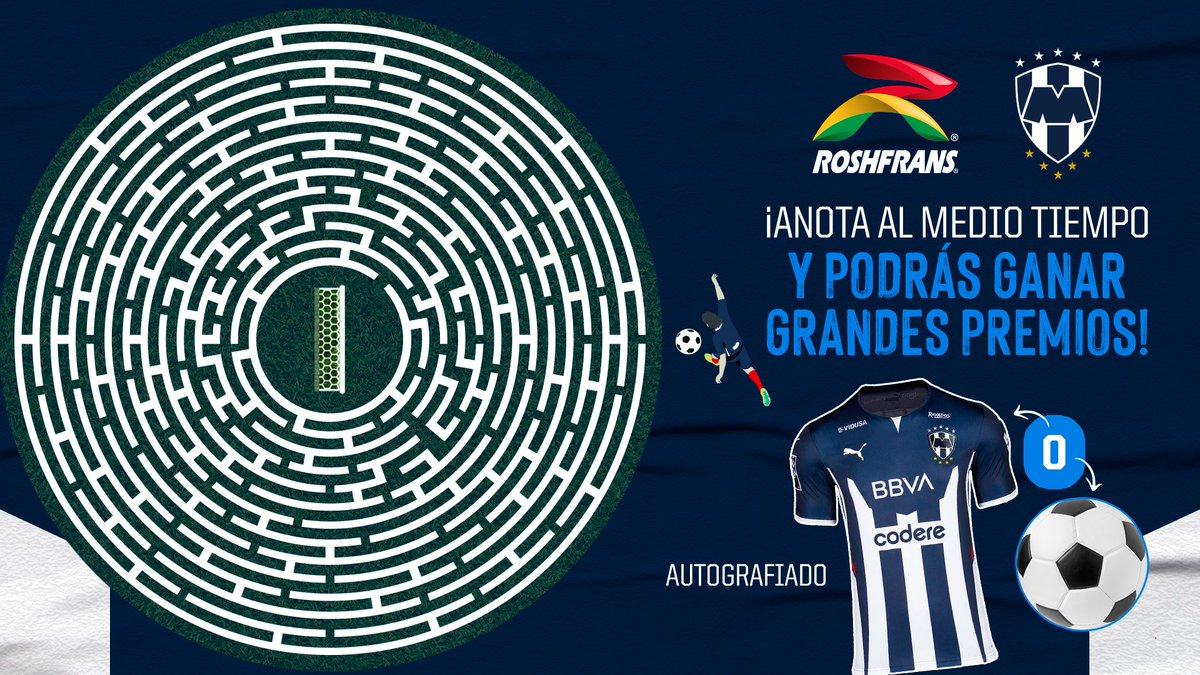 Rayados's tweet photo. 🎁| ¡ATENCIÓN, #RAYADOS!  Anota gol en el medio tiempo y podrás llevarte un Jersey 👕 autografiado, o uno de los 2⃣ balones ⚽️. ¡Solo tienes 15 minutos!
 
✅ Sigue a @RoshfransMX y da RT🔁
⚽️ Anota gol en la imagen y manda tu 📸 vía DM
#⃣ #RoshfransEnLaCancha #ArribaElMonterrey https://t.co/pF0u0loGya