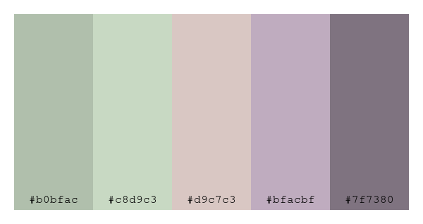 ColPaletteBot's tweet photo. Beep beep, here's a pretty color palette for you! 

color-scheme.js parameters used: 
- hue: 164
- variation: pale
- colors: #b0bfac, #c8d9c3, #d9c7c3, #bfacbf, #7f7380

Have a lovely evening!

#twitterbot #colorpalette #colors #palette #prettycolors https://t.co/cvRljxAEqD