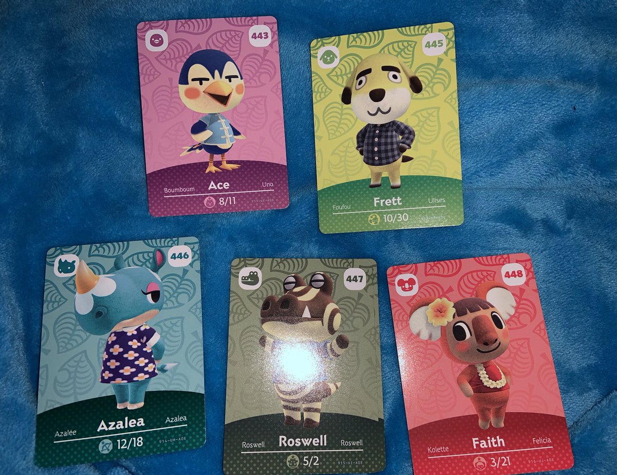 Cards for Ace 443, Frett 445, Azalea 446, Roswell 447, and Faith 448