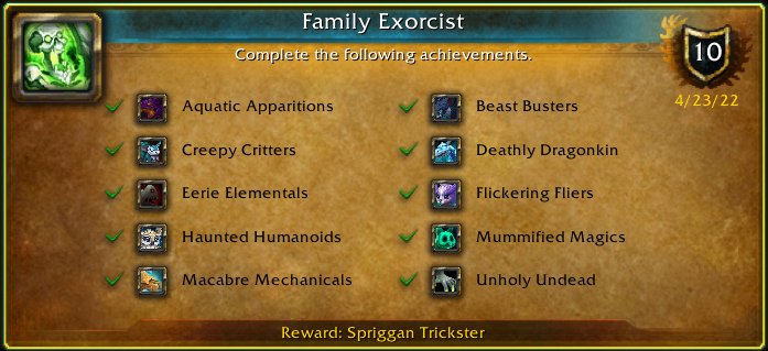 Tyrhennus's tweet photo. Time for long overdue tweet. Finally managed [Family Exorcist].  Since I've got this far, I'd might as well work on the previous expansion achievements too. #Warcraft #A3achieve https://t.co/kRZsncJRam