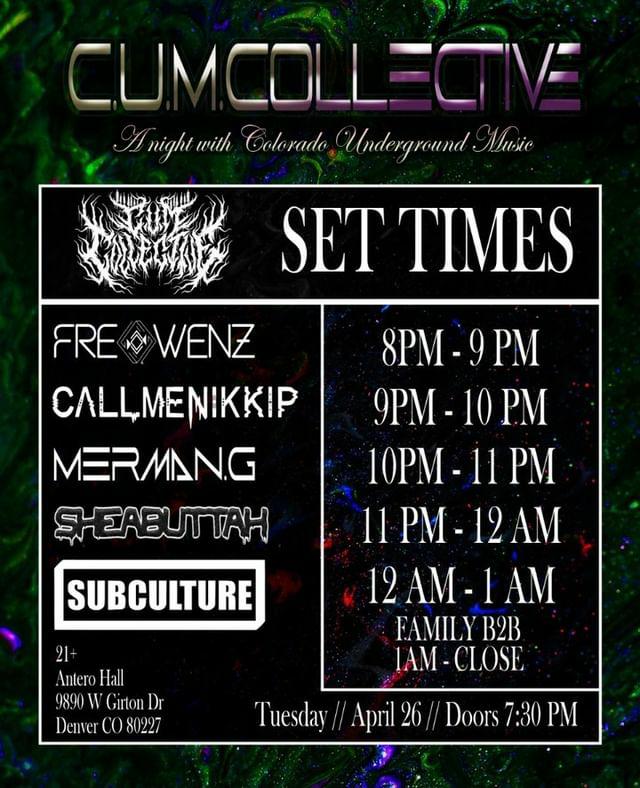 yellgnatz's tweet photo. Colorado Underground Music takeover! 
So happy to throw our first show. This is free at Antero Hall on Tuesday with a few of my favorite producers and friends. I'll probably play some tunes too! Come hang! https://t.co/GQLKO9fcp6