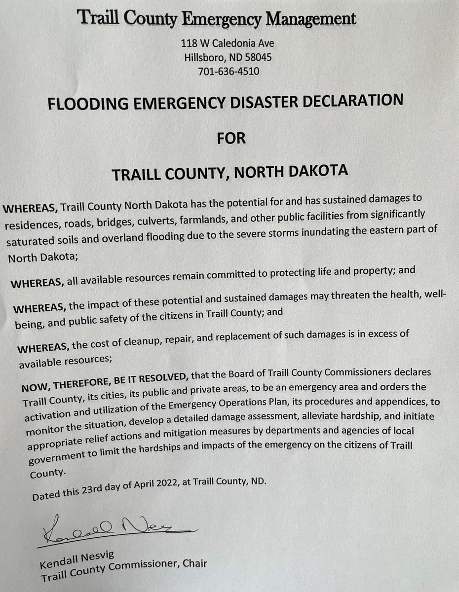 TraillcountyANR's tweet photo. By order of the Traill County Commission, a flooding emergency disaster declaration has been announced for Traill County. This declaration empowers the county's public officials to help keep citizens safe during this flooding event. https://t.co/UgnVA4hYvO