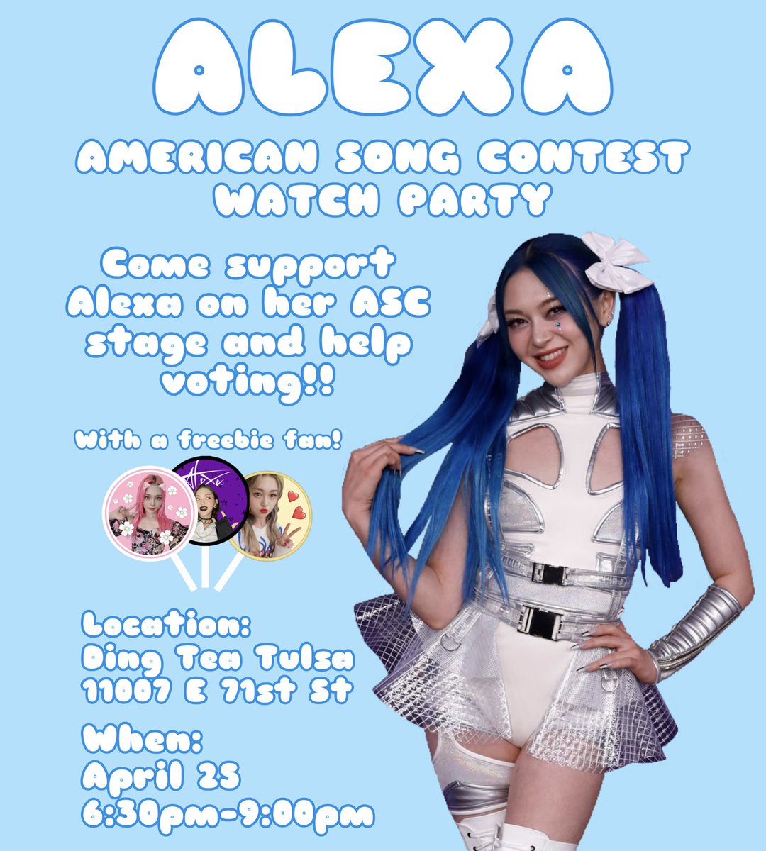 infinitykhj's tweet photo. I will be hosting a Tulsa watch party for Alexa’s American Song Contest performance on this Monday!!

Location:
Ding Tea Tulsa
Time:
April 25, 6:30pm-9:00pm

Let’s come support our Tulsa girl!!💙

Please rsvp if you want to join!
https://t.co/rzcJ4UuZJc

@AleXa_ZB #AleXaOnASC https://t.co/sMlIbryodc
