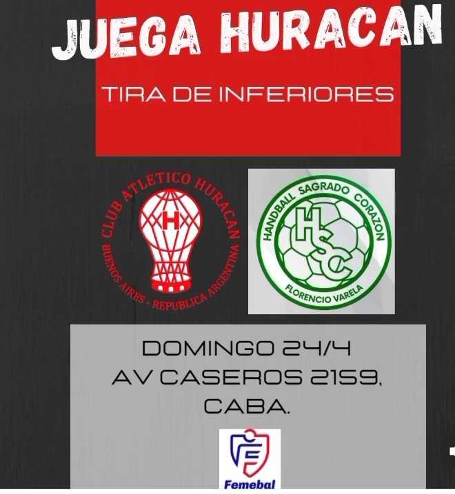 🤾‍♀️ #Handball #Mayores #Femebal
🏆 Segunda División 
📅  Domingo 24/4 Fecha 7
📍 La Sede (Av Caseros 3159)

 ⚔ <a href="/HBALONMANO/">HURACAN HANDBALL</a> 🆚️ <a href="/HSCsagrado/">HBall SagradoCorazón</a>
⏰Infantiles 10.30hs
⏰Menores 11.30hs
⏰Cadetas 13.hs
⏰Juveniles 14..30hs
⏰Juniors 16hs
📸 <a href="/HBALONMANO/">HURACAN HANDBALL</a>
🔥 #VamosGlobo