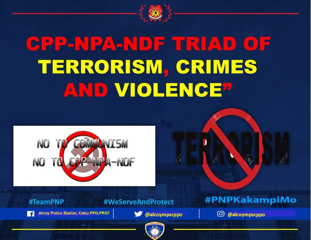 alcoympscppo's tweet photo. "CPP-NPA-NDF TRIAD OF TERRORISM, CRIMES AND VIOLENCE”

#NoToCPPNPANDF
#StopTERRORISM
#NoToVIOLENCE
#TeamPNP
#PNPKakampiMo
#WeServeAndProtect

@CebuProvincePNP @pro7official @RDPRO7 @PCADGVisayas https://t.co/7ppWYTEORM