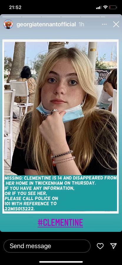 JamesPurefoy's tweet photo. URGENT IN LONDON. Has anyone seen Clementine, 14, from Twickenham, London? Missing since Thursday. Please call Police on 101 if you have any information at all. Retweet far and wide. #Clementine https://t.co/No5sJr61N7