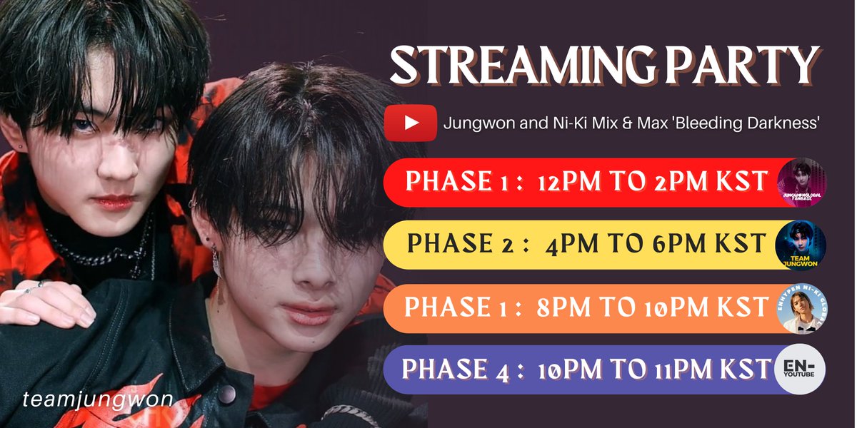 teamjungwon's tweet image. [▶️ STREAMING PARTY]

ENGENEs! We will hold a 4-phase Mass Streaming Party for Jungwon and Ni-Ki’s Mix &amp;amp; Max Performance Video!

Each phase will be administered by different fanbases. Please refer to the poster below for the schedule!

See you there! 🔥

#WONKI_on_MixENMax