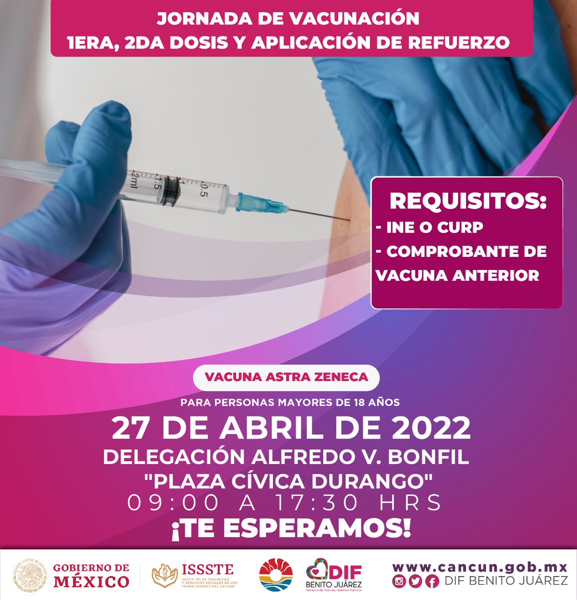 Jornada de vacunación Astrazeneca para 18 años en adelante. 1era, 2da y Dosis de refuerzo.💉
🗓️27 de abril📍Delegación Alfredo V. Bonfil, "Plaza Cívica Durango". 
Consulta la información 👇