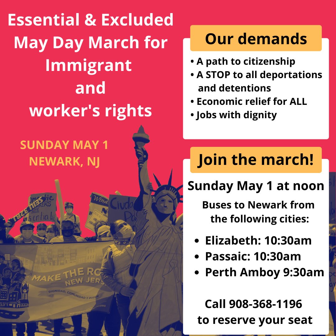 MaketheRoadNJ's tweet photo. Immigrant workers enrich this nation!

Join the march this Sunday, May 1, on International Workers' Day, to honor the millions of essential immigrant workers who contribute every day.

#ExcludedNJ #Recovery4All #EssentialExcluded #EsencialesExcluidos #MayDay #DiaDeLosTrabajadores https://t.co/n8z0wqTVcK