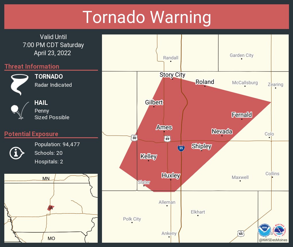 NWSDesMoines's tweet photo. Tornado Warning including Ames IA, Nevada IA, Story City IA until 7:00 PM CDT https://t.co/NNhyWU7aOm
