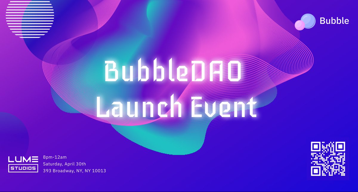 _BubbleDAO's tweet photo. The news is out! For those in NYC, our launch party will take place Saturday, April 30th at Lume Studios! Come stop by for open bar, to mingle with other cool Web3 folks, and to learn more about our inclusive mission!

Invite link below 👇 Dm for password
https://t.co/SRZjV0wGHr https://t.co/ByFf5Viadr