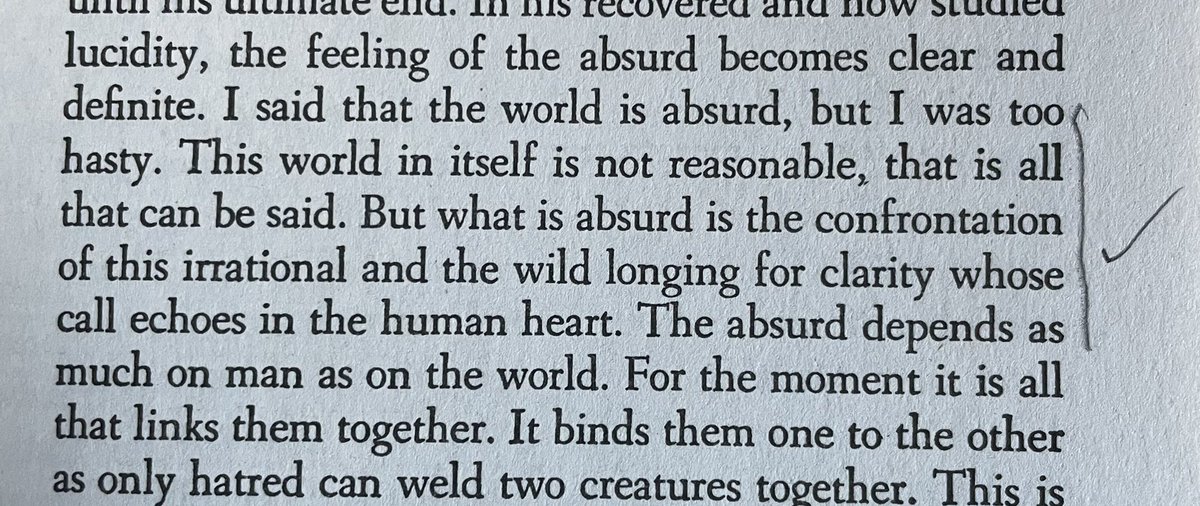 jonerichall's tweet photo. “This world on itself is not reasonable, that is all that can be said. But what is absurd is the confrontation of this irrational and the wild longing for clarity whose call echoes in the human heart.”
—Albert Camus, The Myth of Sisyphus https://t.co/DHh6b7Tj8J