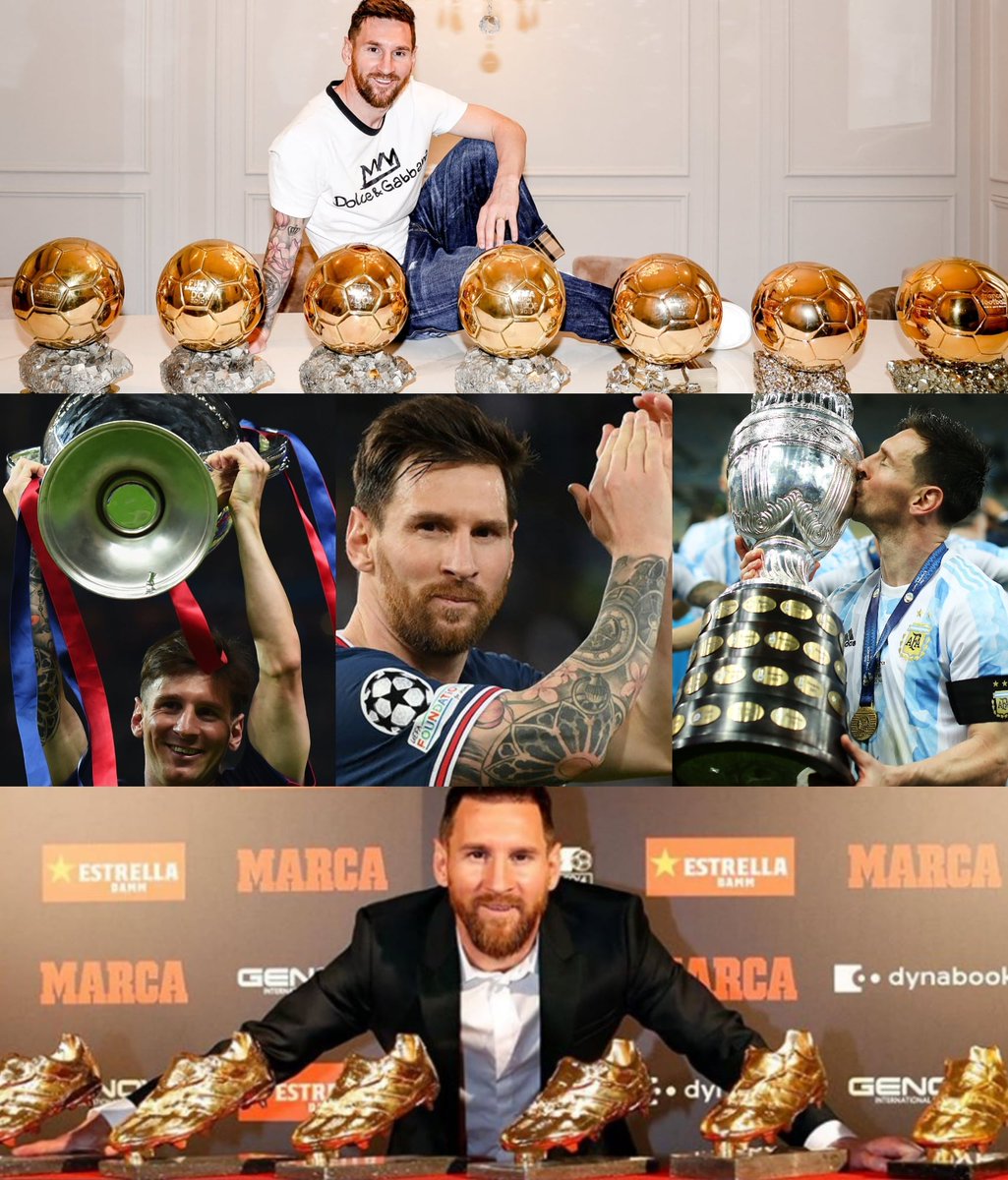 La carrera de Lionel Messi:

➤ 762 goles.
➤ 328 asistencias.
➤ 39 títulos (37 a nivel mayor).
➤ 968 partidos.
➤ 7 Balones de Oro (RÉCORD).
➤ 6 Botas de Oro (RÉCORD).
➤ 4 veces Mejor Constructor de Juego (RÉCORD).
➤ Sextete.
➤ Tripletes.

El mejor de la historia.

EL REY.