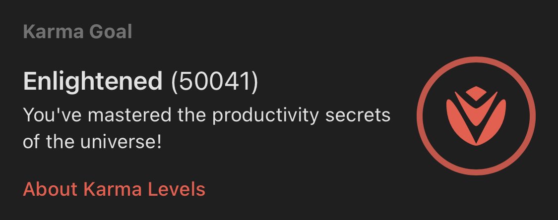 kirkmorales's tweet photo. A bit anti-climactic @todoist. Expected _something_ after almost 9 years and achieving the highest karma level. Like a cool email or something. https://t.co/dnZXL1CVmV