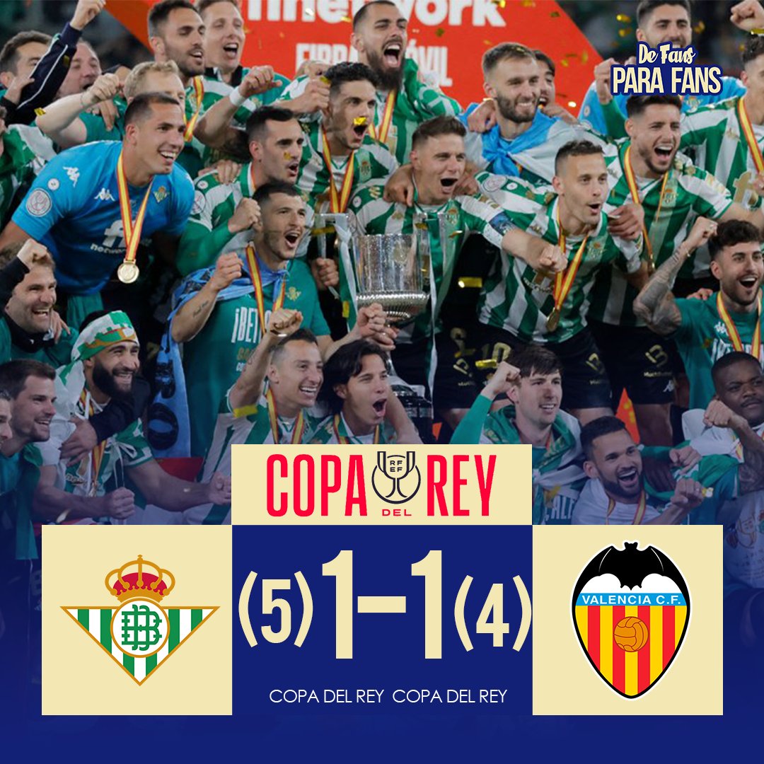 DeFansparaFans2's tweet photo. 🏁#CopaDelRey el #RelaBetis se corona campeón despues de 17 años de la copa tras vencer en penales al #ValenciaCF la tercera llega a Betis 🌴
🏆🏆🏆 https://t.co/dRVzaISJzK