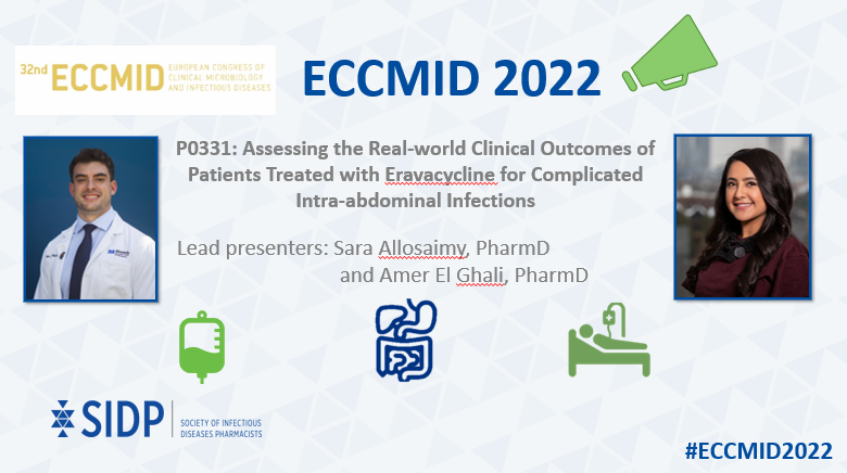 SIDPharm's tweet photo. Check out @Sara_Alosaimy and @Amer_ElGhali presentation on real-world clinical outcomes with Eravacycline today at 12pm WEST (7am EST) This poster has a rockstar @SIDPharm lineup with @NicholasRebold @dana_holger @kcmolinaID @ClaeysKcclaeys @MK_IDpharm @mveveID @jlbouchard001 https://t.co/yju10noI8L