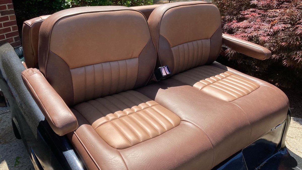 TwistedTreads's tweet photo. @rods_by_rick by slayed the upholstery for #ProjectEvette.   This thing continues to come together.   Will it be done by @raceofthepines?   One more piece to the puzzle.  #customgolfcart #golfcart #builtnotbought #custombuild #corvette (last pic is before) https://t.co/hzNOi0JBBP