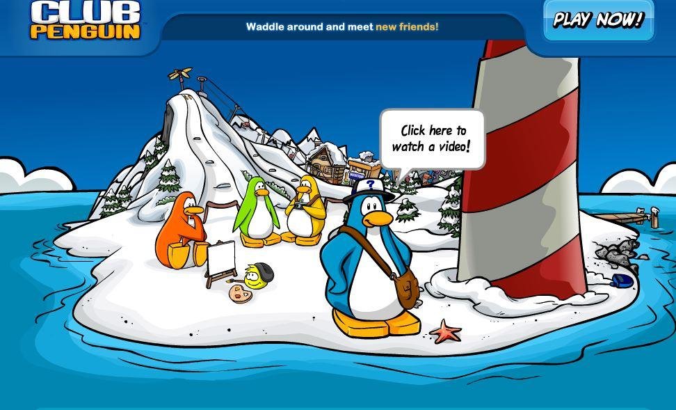 carphonic's tweet image. The Club Penguin home screen (2005, 2006, 2008, 2017)