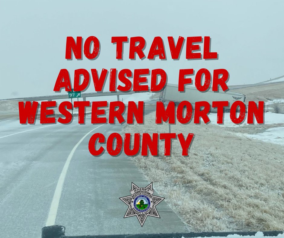 MortonCountySO's tweet photo. STORM 4/23 7:30pm : We've issued a NO TRAVEL ADVISORY for western Morton County (areas west of New Salem). Conditions poor. Semis in ditches. Slush turning to ice. Conditions will continue to worsen. Motorists need to SLOW DOWN if they must travel. https://t.co/qzURof13oI