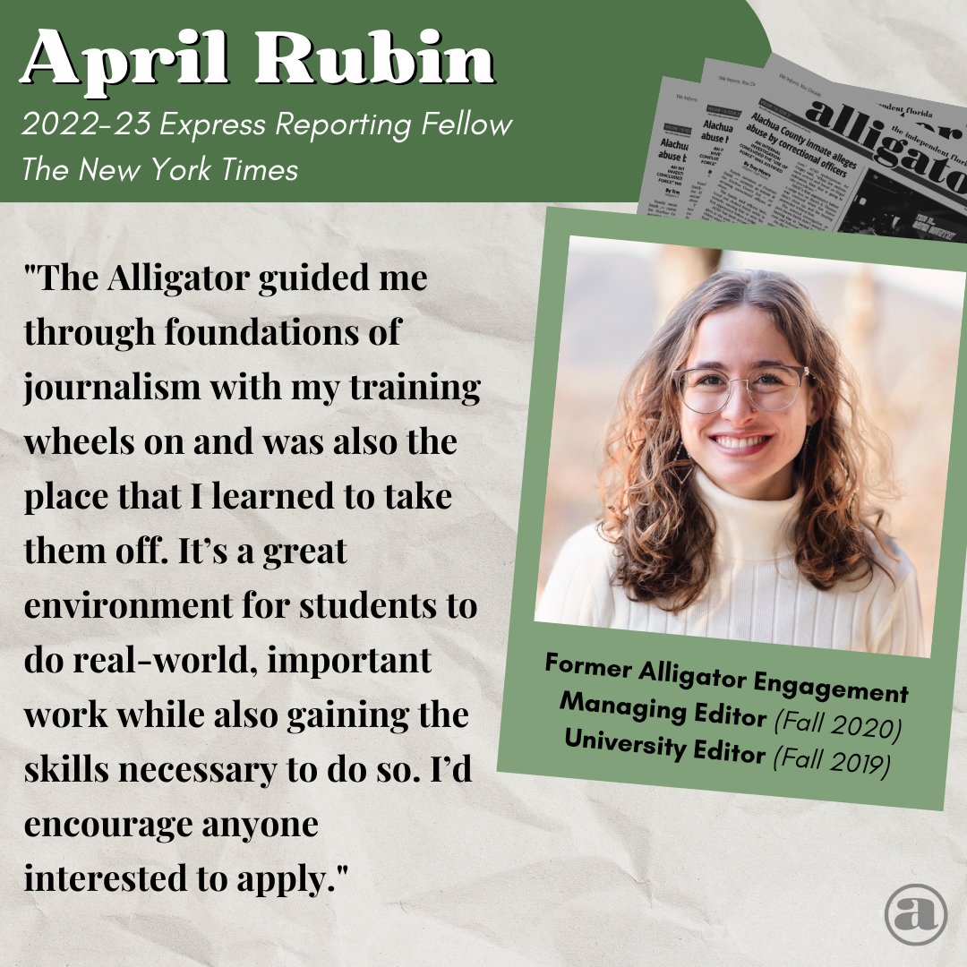 TheAlligator's tweet photo. April Rubin will work as a year-long fellow with The New York Times in 2022-23. 

Three years ago, she was a staff writer at The Alligator. 

“It’s a great environment for students to do real-world, important work”

Applications are due April 23 at 11:59 p.m. https://t.co/Seg403ikFC