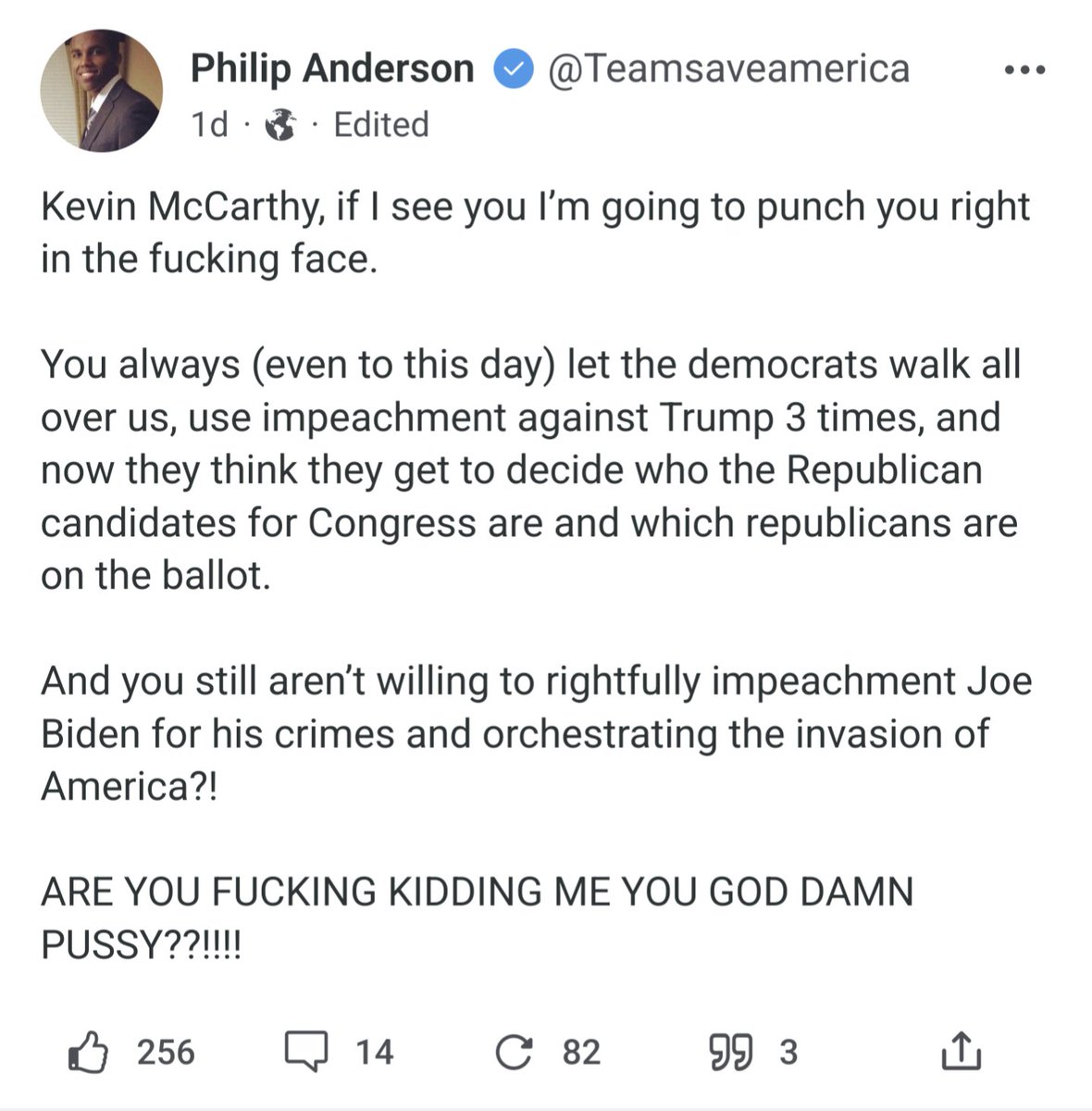 nickmartin's tweet photo. Far-right activist Philip Anderson, who has participated in violent rallies with the Proud Boys, used the alt social media site Gab to post what appears to be a threat to House Minority Leader Kevin McCarthy: "if I see you I'm going to punch you right in the fucking face." https://t.co/iRTFqyh10J