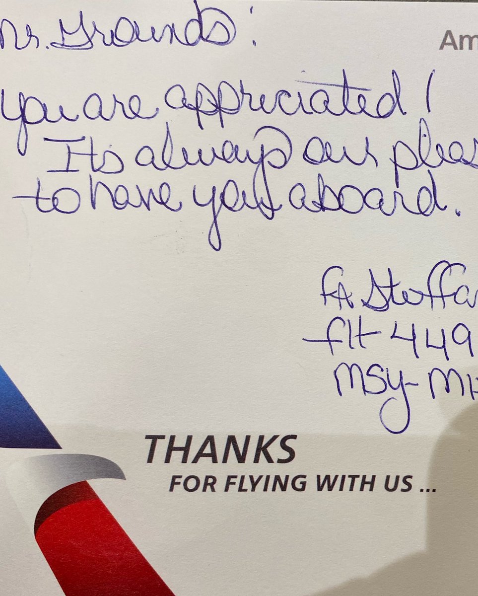 gavingrounds's tweet image. Fell asleep on my @americanair flight #AA449 from #MSY to #MIA - woke up to this note.  Thank you Steffanie and the whole flight crew for a safe and pleasant flight!
#travel