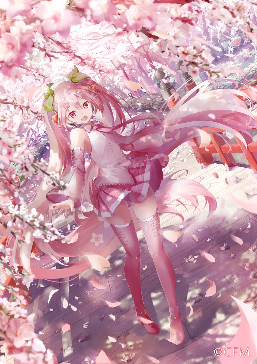 hatsune miku ,sakura miku long hair thighhighs 1girl twintails skirt cherry hair ornament cherry blossoms  illustration images