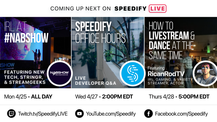 speedify's tweet photo. This weeks shows, starting off with IRL in VEGAS, Alex will be @NABShow beginning Noon EDT, on Wednesday bring your questions and suggestions to Office Hours and topping of a great week with @RicanRodTV on Thursday! 
#streamers #IRL #gaming #tech #streamgeeks #varietystreamer https://t.co/HGpplcgApy