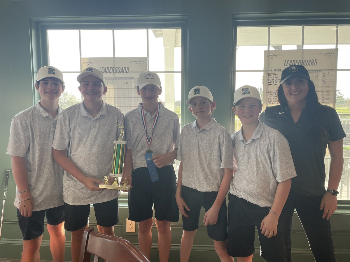 ZMS_news's tweet photo. Congratulations to the boys golf team on winning the 9-team, 18-hole Zionsville Golf Invitational today! 7th grader Brycen Tisch was the medalist with a score of 73. Thanks to the folks at @GCIgolf for hosting this great event! @ZionsvilleGolf https://t.co/9OuHo9oyt7