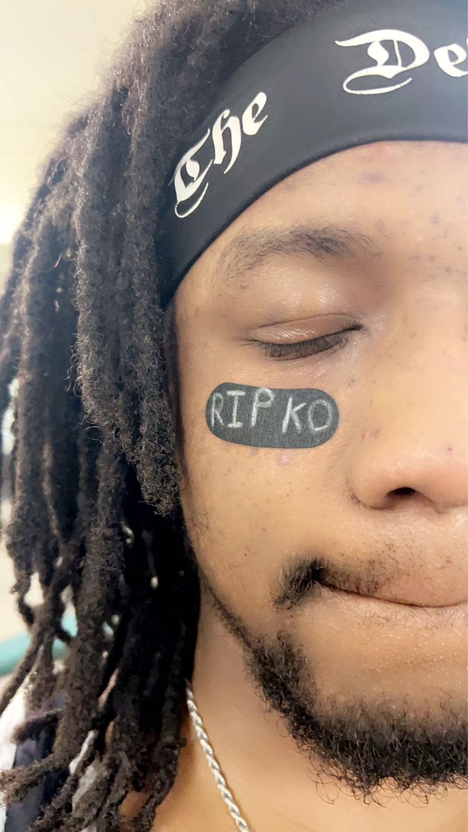 The__Deliverer's tweet photo. Tonight’s eye tape message…although I never had the chance to personally meet you, I’ve heard nothing but commendable things about you from your peers, and I am more than honored to be a participant in the Keon Option memorial battle royal tonight commemorating your life. #RIPKO https://t.co/RfzhvTRzXH