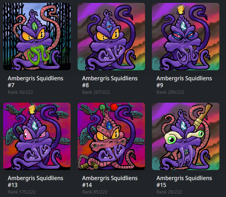 These Squidliens are strange creatures that lurk on the other side of Oromyr - They're coming for your $AMBR - mini 222 generative series that plays a role in the first story of Ambergris ~ You can now swap 3x AMBR for one of these. Currently setting up a shuffle for some as well