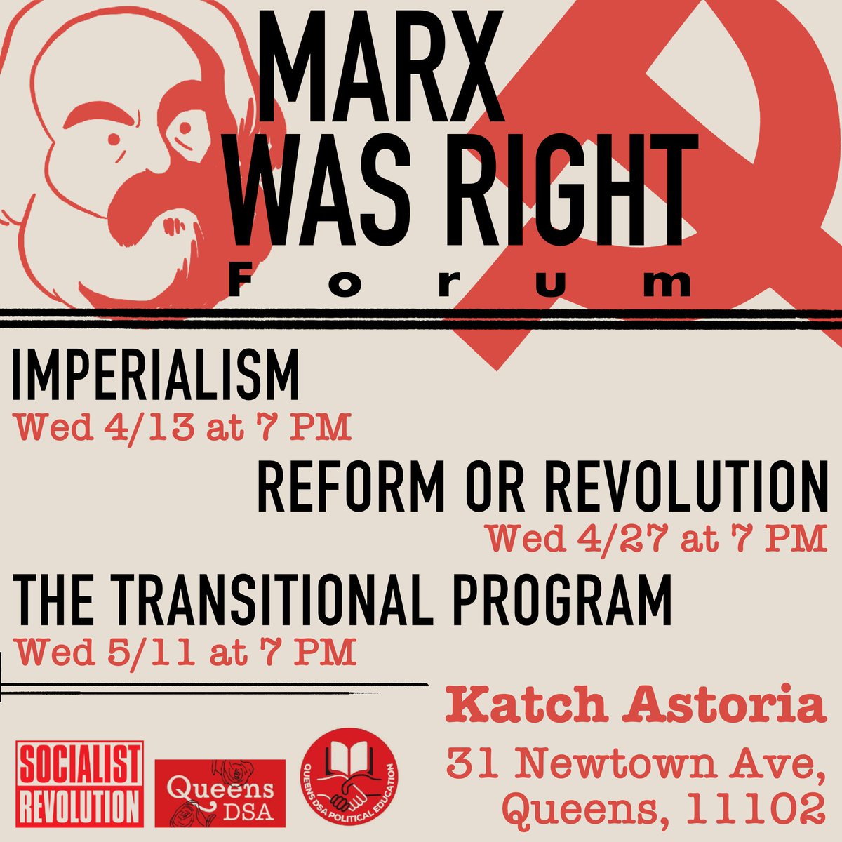 qnspoliticaledu's tweet photo. Join us this upcoming Wednesday for our Marx Was Right Forum! We'll be discussing Reform or Revolution from Rosa Luxemburg. We'll be discussing this question as it is more relevant than ever! Join us at Katch at 7pm! Link to sign up: https://t.co/l6ziTTCNlh https://t.co/CQ5I0nmp9y