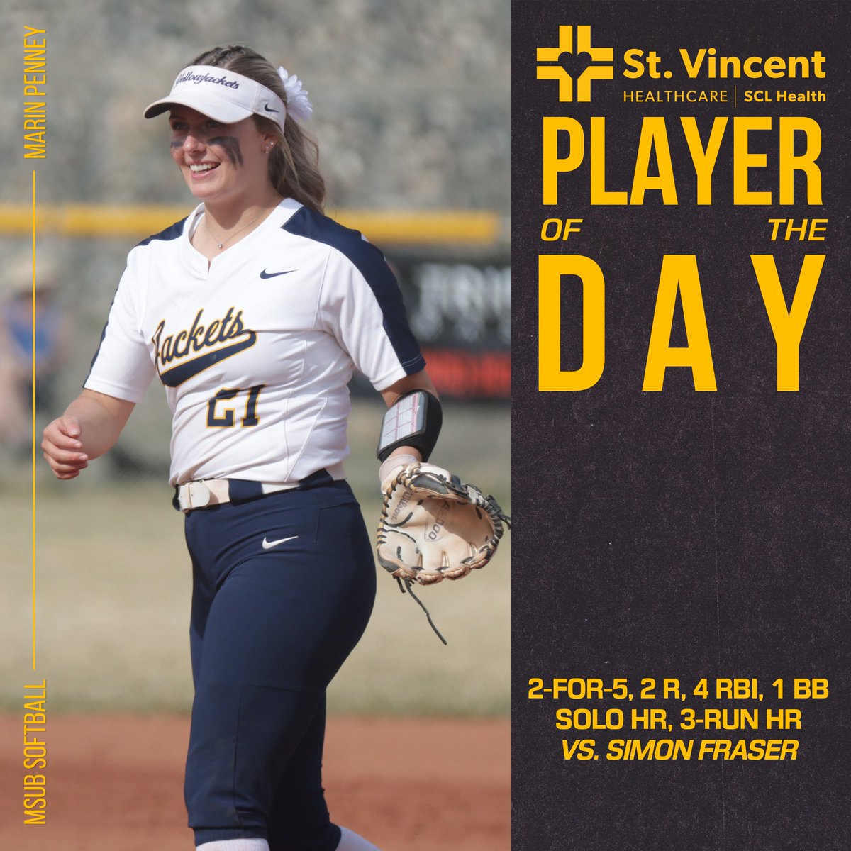 MSUBSoftball's tweet photo. We got back in the win column against Simon Fraser behind home runs from Marin Penney and Brittanee Fisher, solid defense and a complete-game win from Alyssa Etheridge!

#GoJackets | #GNACSB
https://t.co/dfGJQmFXeM https://t.co/z3f6Q0uKNo