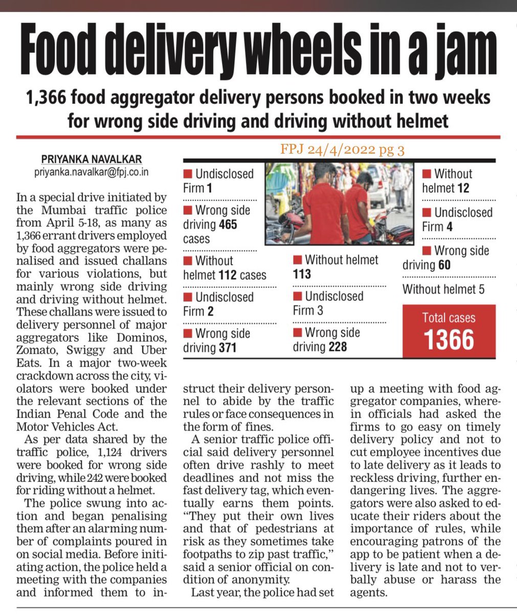 SaferRoadsSquad's tweet photo. Food delivery wheels in a jam #FPJ 24.04.2022 pg3
@Priyanka_Scribe @fpjindia 

Errant motorists are a plentiful around Orlem Malad West. Poor action by #MaladTrafficDivision 

@MTPHereToHelp

@sanjayp_1 @CPMumbaiPolice pls make note.
@AUThackeray @AslamShaikh_MLA https://t.co/Y61GAi67eF
