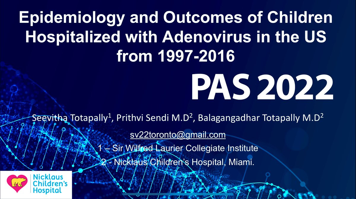 prithviskp's tweet photo. Podium Presentation @PASMeeting. 11.5% of children with Adenoviral infection required Invasive Mechanical Ventilation, of them, 2.9% required ECMO support. @btotapally, @Nicklaus4Kids, @nicklausmeded, @NicklausPICU. #PAS2022 https://t.co/tPGMKrxZSi