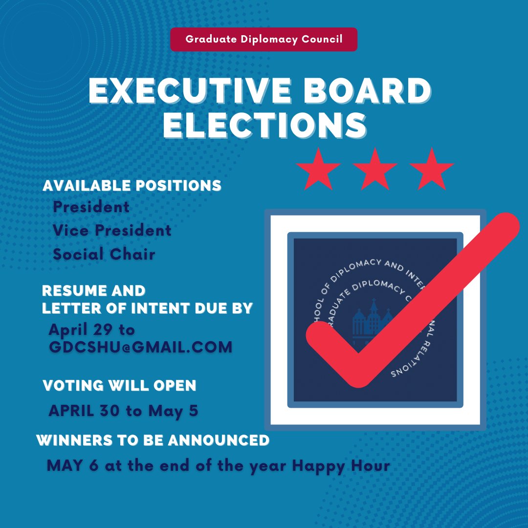 SHU_GDC's tweet photo. 🗳️The GDC will be holding elections for the positions of President, Vice President, &amp; Social Chair.

We ask that all interested candidates email their resume and a short statement of intent outlining the position they are interested in to GDCSHU@gmail.com by April 29. https://t.co/4hJoAugx4N