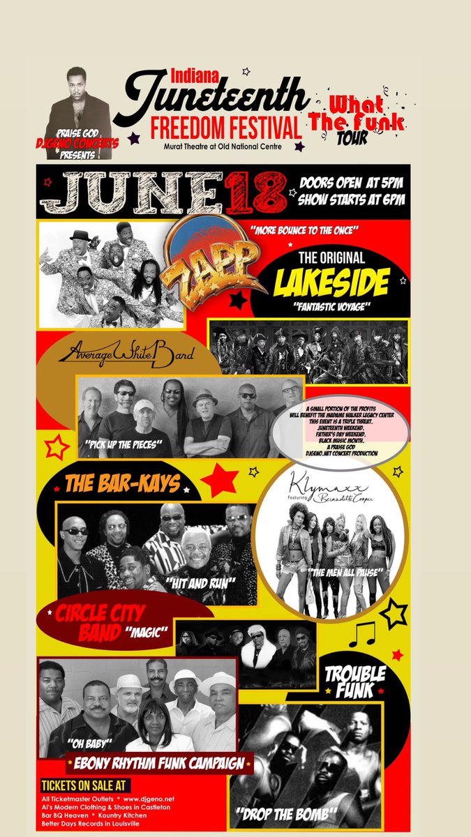 It will be a Juneteenth weekend like no other with <a href="/KennyEdmonds/">Kenny Edmonds</a> at #madamwalkertheater for their gala and #whatthefunk festival at <a href="/OldNatlCentre/">Old National Centre</a> with #zapp <a href="/AverageWhiteBnd/">Average White Band</a> #originallakeside <a href="/KlymaxxMusic/">Bernadette Cooper</a> #thebarkays and more Friday and Saturday in Indianapolis