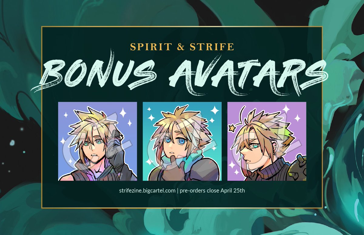 I made some bonus avatars for <a href="/StrifeZine/">Cloud Zine ☁️ Spirit & Strife</a>  to thank all buyers for their support 💕, grab yours before the store closes on april 25th!
Thank you so much!! 🥰☁️☁️

preorder here! : strifezine.bigcartel.com 
------------
#ff7 #CloudStrife #cloud #ff7r #FinalFantasyVII