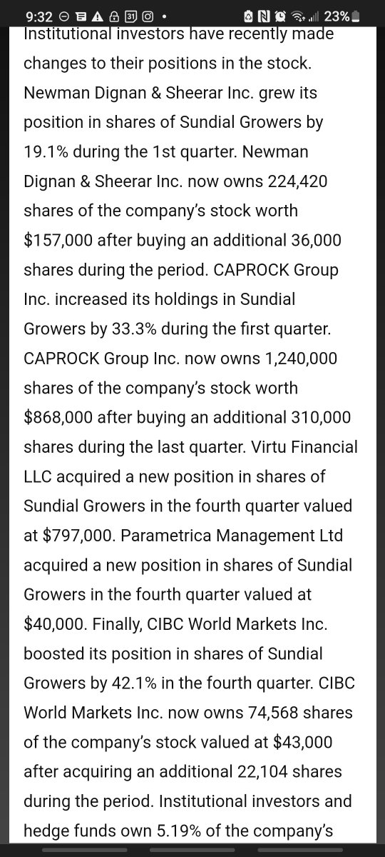 PlumsDiamond's tweet photo. @shadowlola03 @IFumbledTheBag whats funny is that they rate it a sell but proceed to list a number of INSTITUTIONAL INVESTORS ARE INCREASING THEIR POSITIONS IN SUNDIAL.

$SNDL will run pass 4 easily https://t.co/A6smGYJNkf