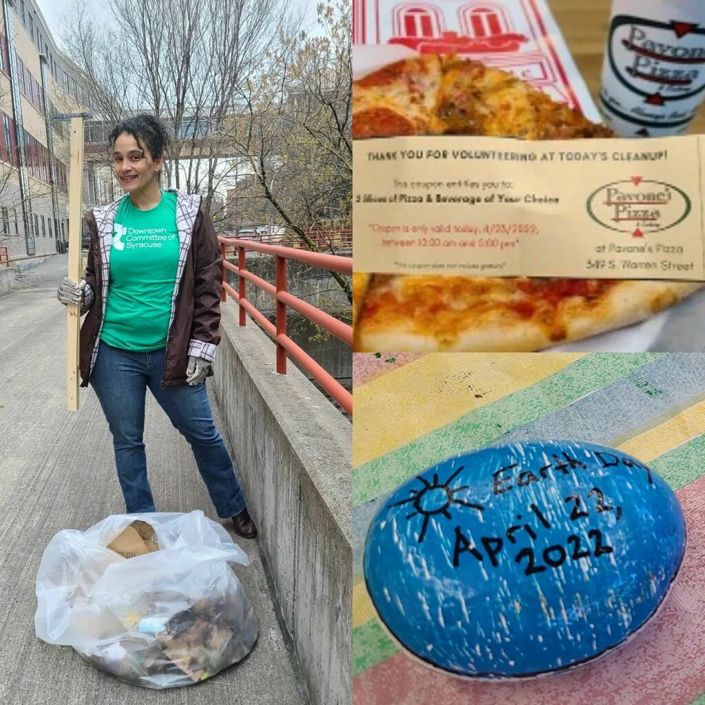YonaWrites's tweet photo. One of my favorite Downtown #Syracuse experiences: an awesome #EarthDay weekend with my Mom helping to clean up the Creekwalk area with the @downtownSYR  Committee. Most interesting find today: a Seresto dog collar. Also, thanks for lunch, @Pavones_Pizza! #DowntownSYR22 https://t.co/nks16YSSo4