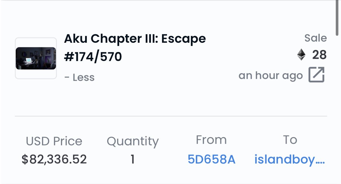 . ⁦<a href="/AkuDreams/">Aku 👨🏾‍🚀 Akutars</a>⁩ Chapter 3 (the bottleneck chapter to achieve Moon God status) just sold for 28 ETH 🚀