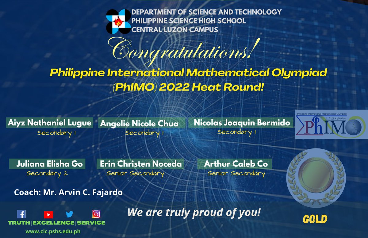 PSHS_CLC's tweet photo. Warmest felicitations to the scholars for winning in the Philippine International Mathematical Olympiad (PhIMO) 2022 Heat Round- Philippine Region.

The whole PSHS-CLC community is truly proud of you!

#PhIMO2022 #TruthExcellenceService #HeartofExcellenceinCentralLuzon https://t.co/UgfsH1xutB