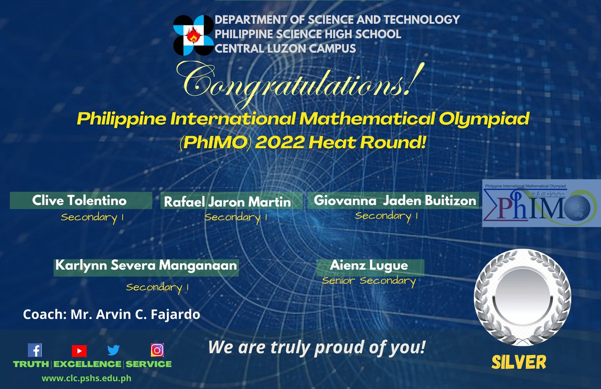 PSHS_CLC's tweet photo. Warmest felicitations to the scholars for winning in the Philippine International Mathematical Olympiad (PhIMO) 2022 Heat Round- Philippine Region.

The whole PSHS-CLC community is truly proud of you!

#PhIMO2022 #TruthExcellenceService #HeartofExcellenceinCentralLuzon https://t.co/UgfsH1xutB