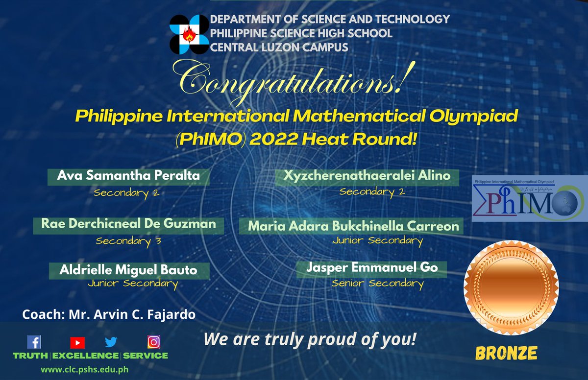 PSHS_CLC's tweet photo. Warmest felicitations to the scholars for winning in the Philippine International Mathematical Olympiad (PhIMO) 2022 Heat Round- Philippine Region.

The whole PSHS-CLC community is truly proud of you!

#PhIMO2022 #TruthExcellenceService #HeartofExcellenceinCentralLuzon https://t.co/UgfsH1xutB