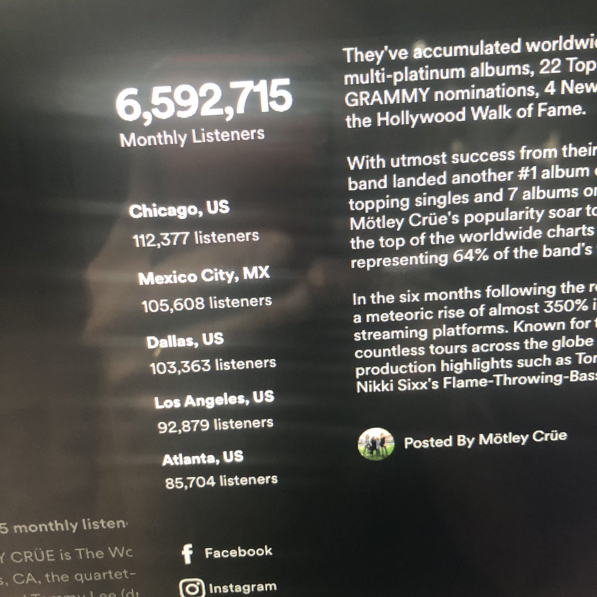 This here Spotify shows stats for bands. It shows Motley Crue has 7M monthly audience- then shows you top cities: Chicago 112k Mexico City 105k Dallas 103k.. neat breakdown. 
No need to hate on this music. All art is good.