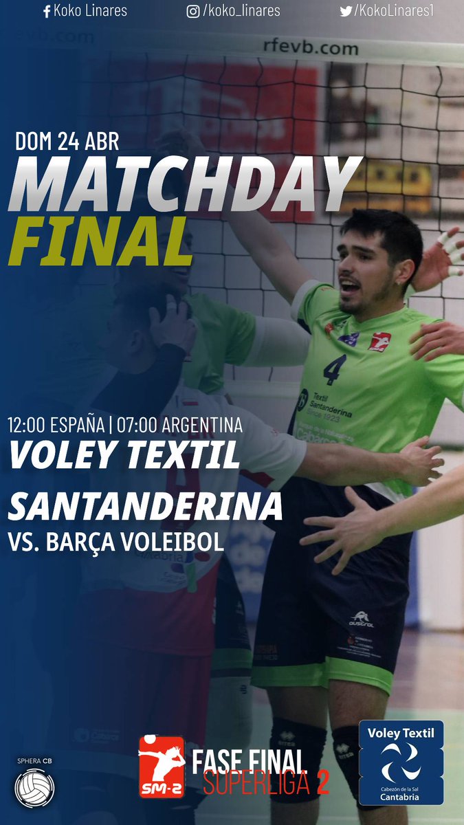 SpheraCB_Press's tweet photo. 🇪🇸 Se define el nuevo campeón de la Superliga 2

El @VoleyTextil de @kokolinares1 enfrenta Al @FCBVoleibol_ de @AndersonGrossii en la gran final https://t.co/VOMpq4AEyN