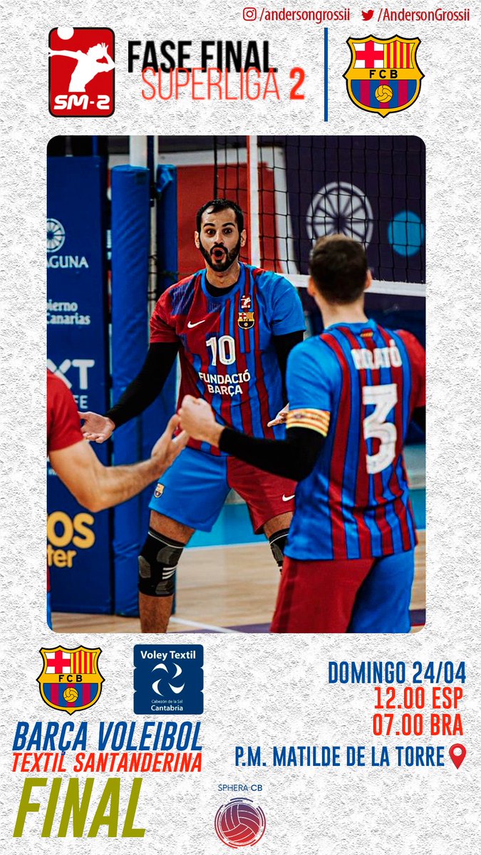 SpheraCB_Press's tweet photo. 🇪🇸 Se define el nuevo campeón de la Superliga 2

El @VoleyTextil de @kokolinares1 enfrenta Al @FCBVoleibol_ de @AndersonGrossii en la gran final https://t.co/VOMpq4AEyN