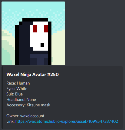 CrazyRyuKun's tweet photo. Just added a new feature for the @Waxel_NFT @discord bot.

From now on you will also be able to to use "!wna ninja <mintId>" to check the stats of all Waxel Ninja Avatars!

#NFT #NFTs #NFTCommunity #PlayToEarn #PlayToEarnGame #WAXP #WAX #NFTFamiliy #PixelArt @WAX_io https://t.co/B4kDt1VoA7
